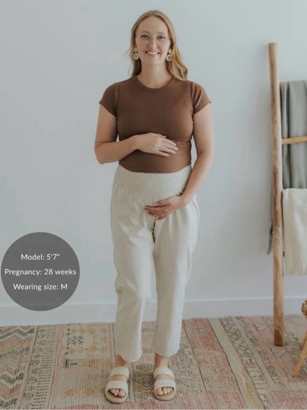Emme Maternity 100% Linen Smocked Waist Cropped Pants Size XL Beige Stretch